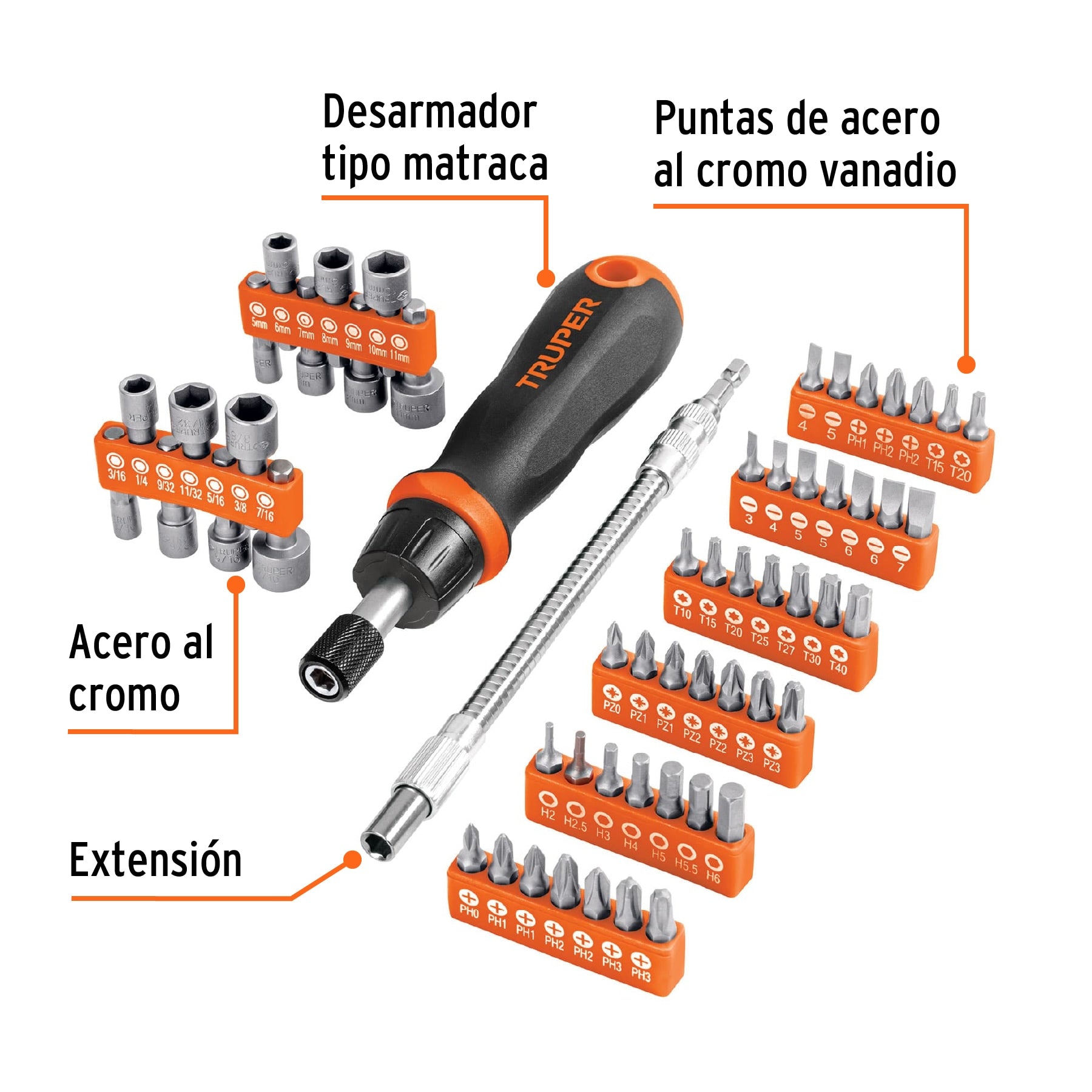 Desarmador tipo matraca con 42 puntas, 14 dados y extensión, 18220