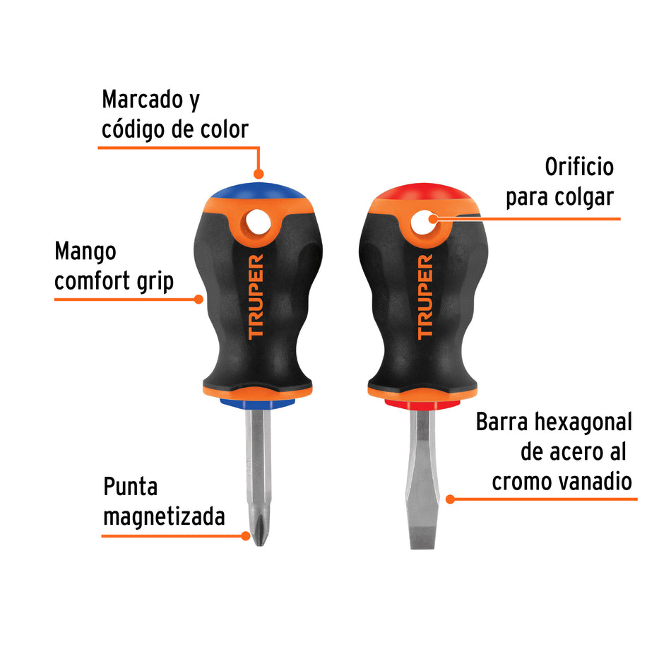 Dúo de desarmadores 1/4' x 1-1/2' mango Comfort Grip, Truper Caja con 6, 19624