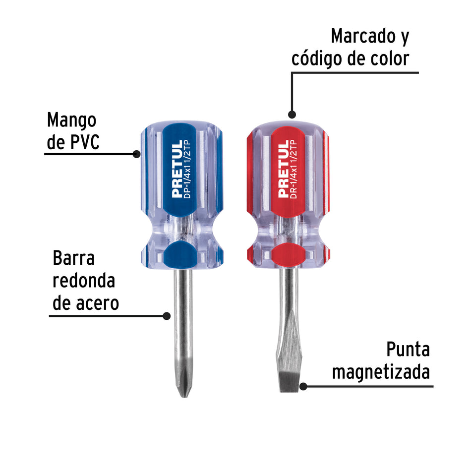 Dúo de desarmadores 1/4 x 1-1/2' mango de PVC, Pretul Caja con 12, 21379