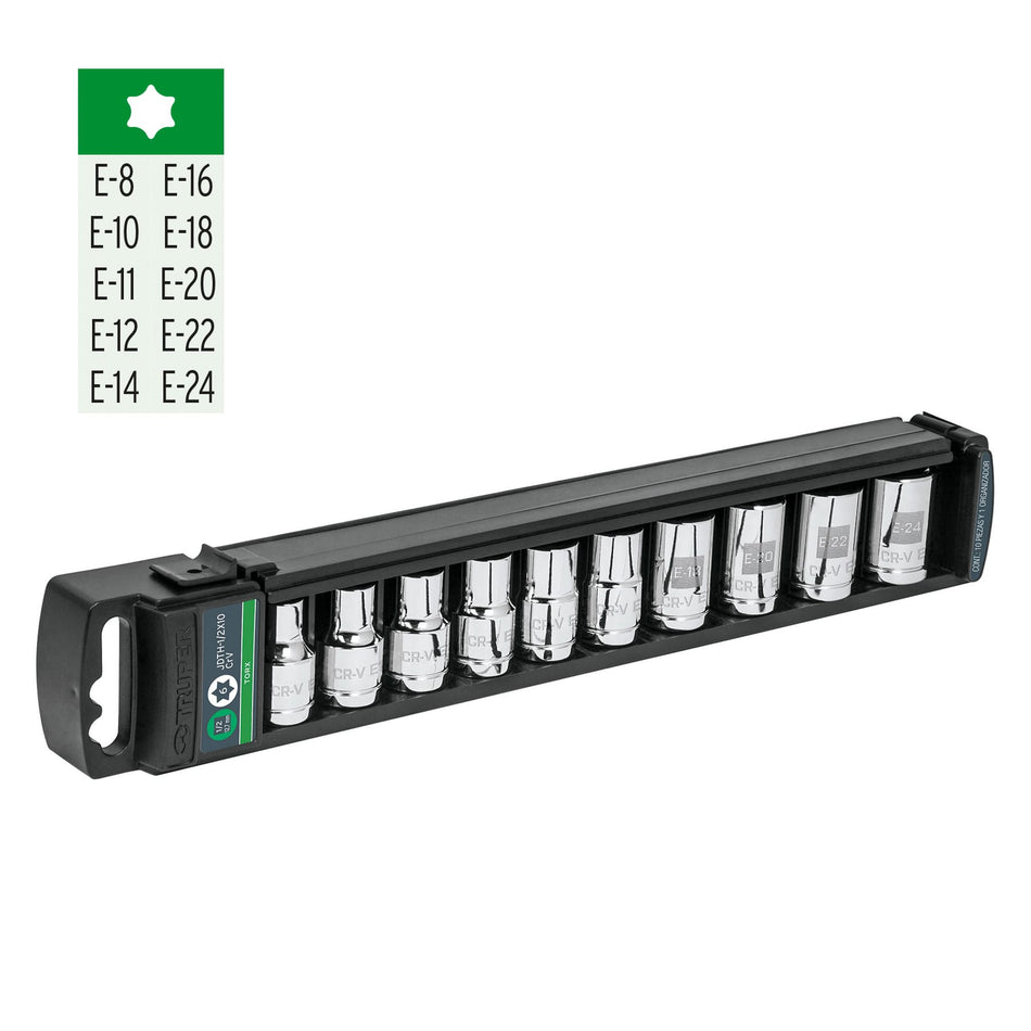 Juego de 10 dados cuadro 1/2' torx, Truper Caja con 4, 10026