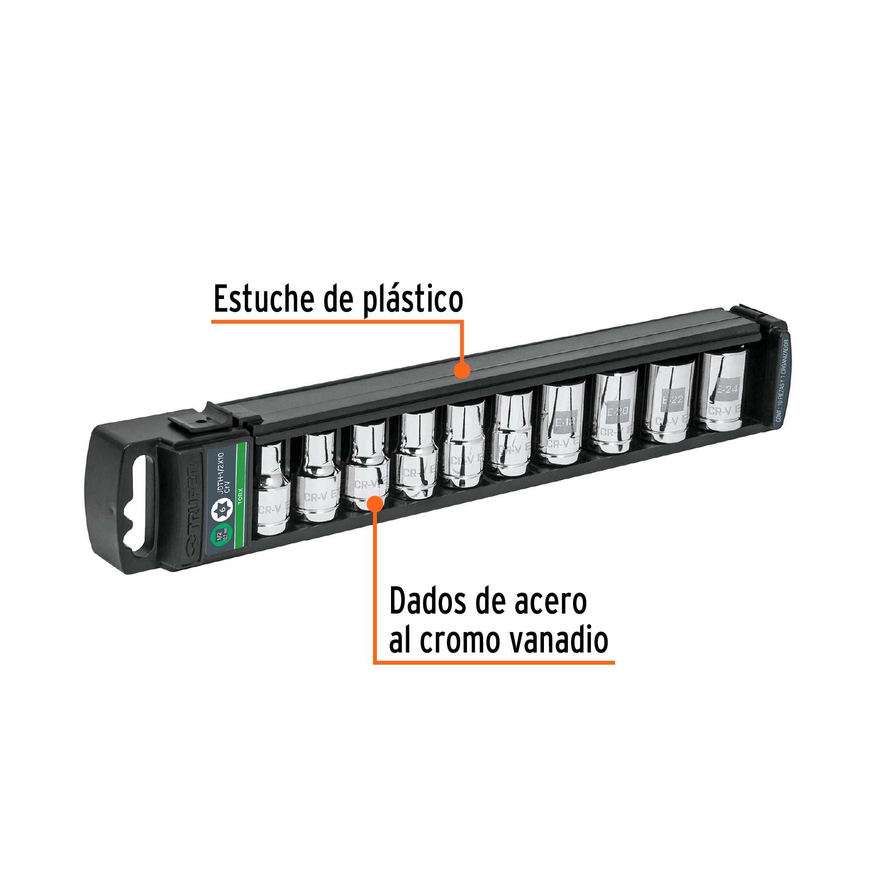 Juego de 10 dados cuadro 1/2' torx, Truper, 10026