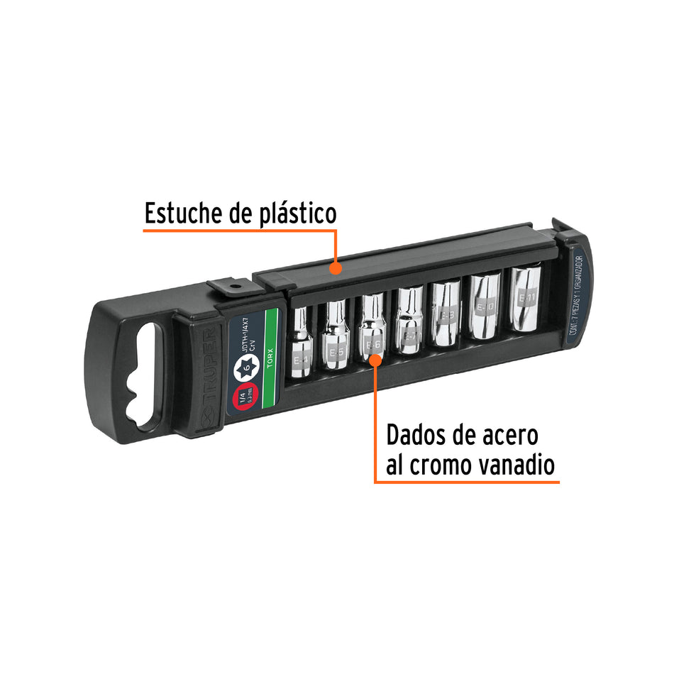 Juego de 7 dados torx cuadro 1/4', Truper Caja con 4, 10027