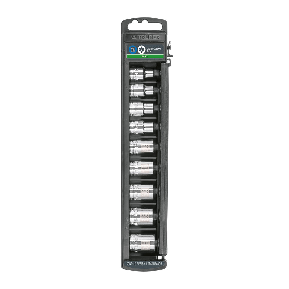 Juego de 9 dados cuadro 3/8' torx, Truper Caja con 4, 10025