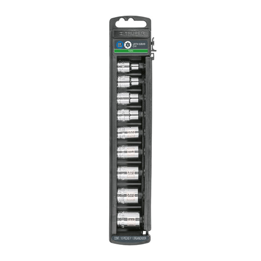 Juego de 9 dados cuadro 3/8' torx, Truper Caja con 4, 10025