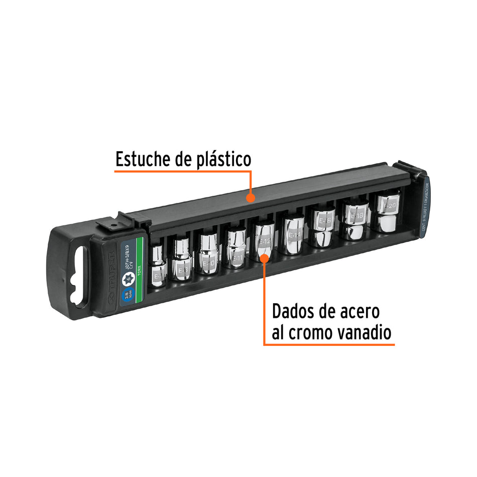 Juego de 9 dados cuadro 3/8' torx, Truper Caja con 4, 10025