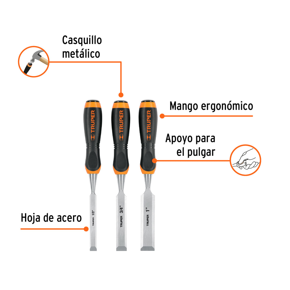 Juego de 3 formones mango Comfort Grip, Truper Caja con 3, 17759