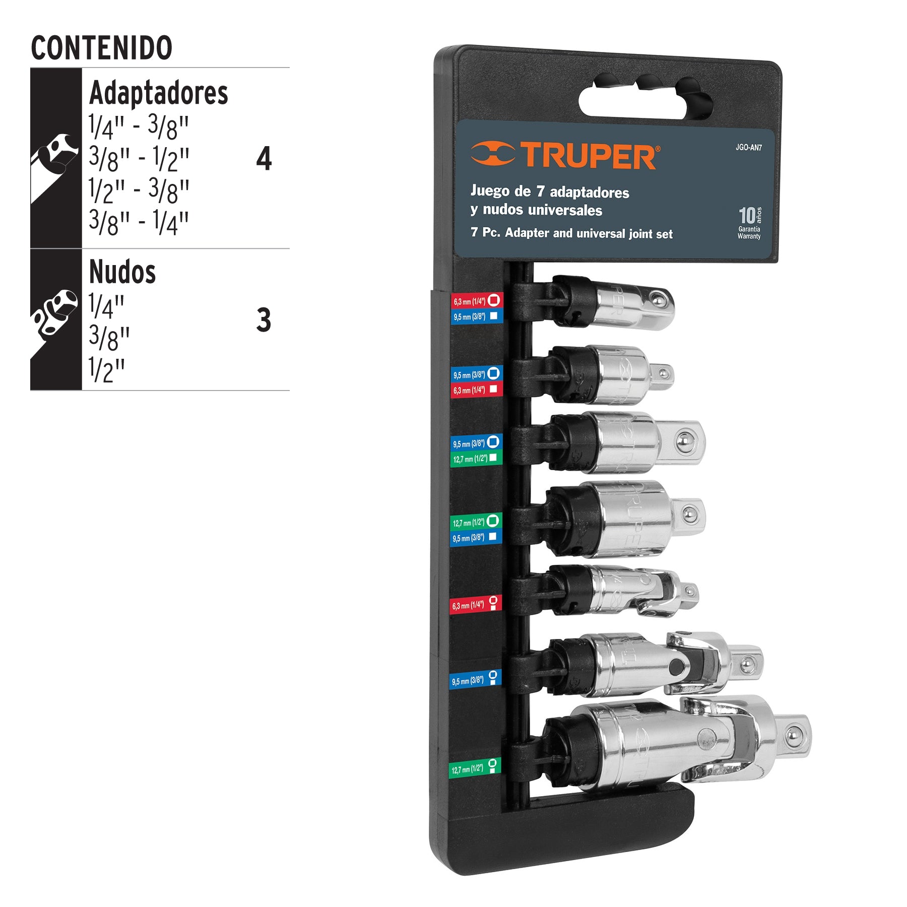Juego de 7 piezas de adaptadores y nudos universales, Truper, 17844