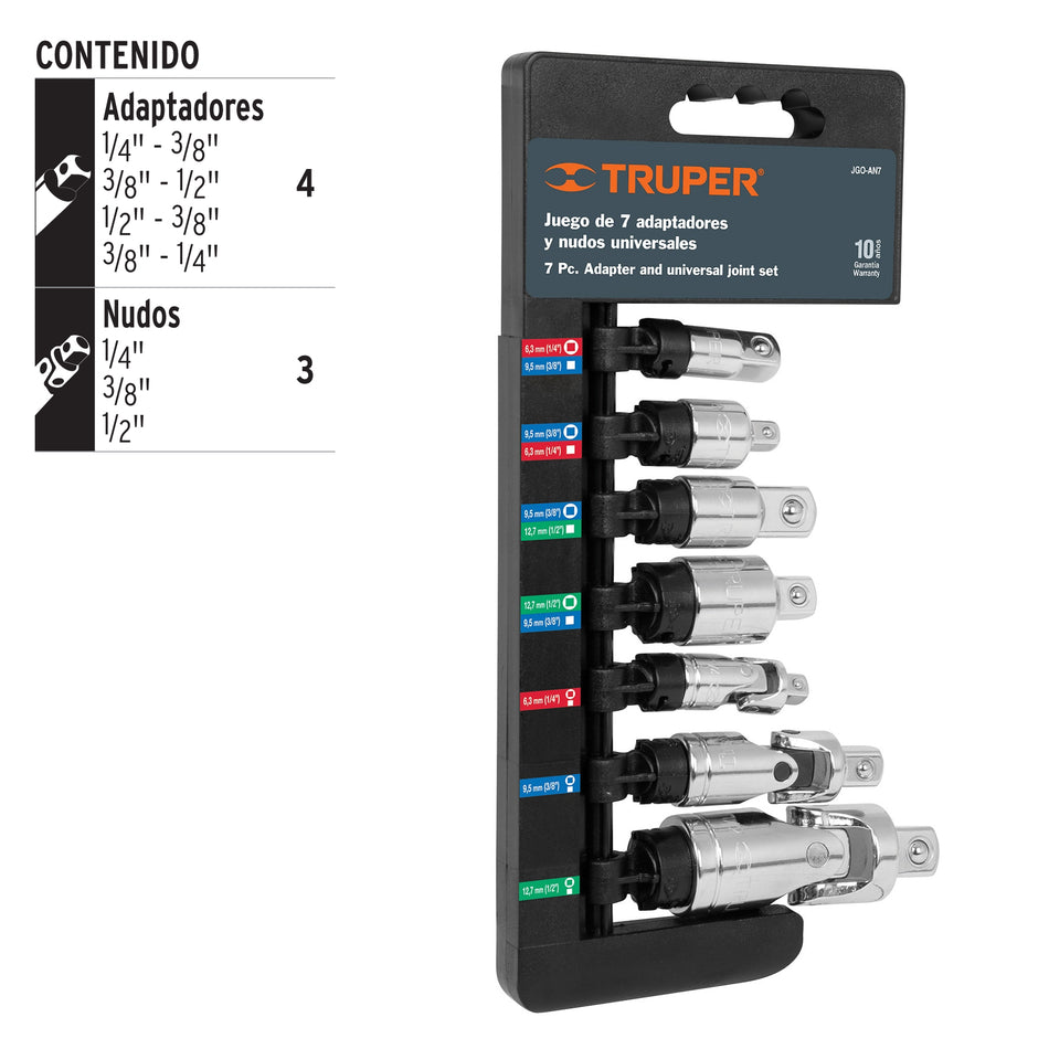 Juego de 7 piezas de adaptadores y nudos universales, Truper Caja con 3, 17844