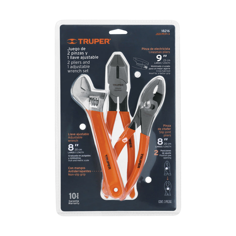 Juego con 2 pinzas y 1 llave ajustable mango de PVC, Truper Caja con 4, 18216