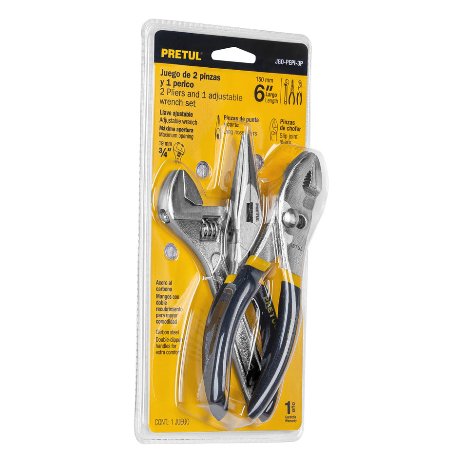 Juego de 2 pinzas y 1 llave ajustable, mangos de PVC, Pretul Caja con 4, 28216