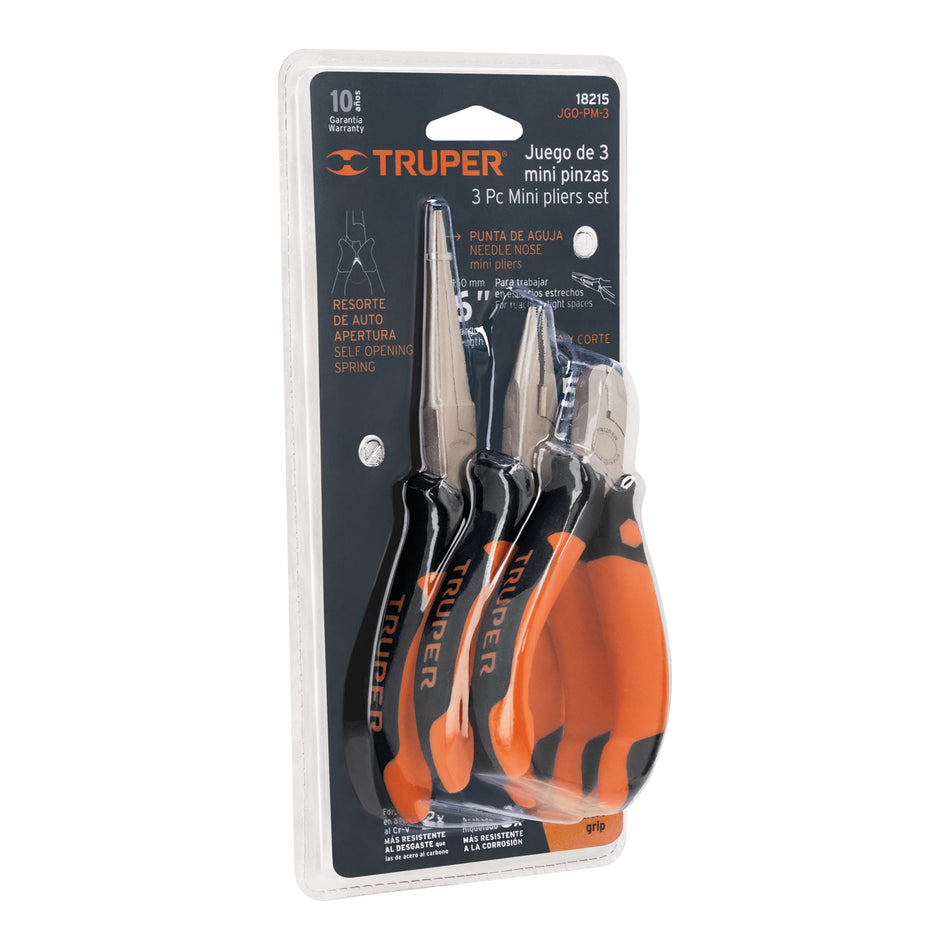 Juego de 3 mini pinzas mango Comfort Grip, Truper Caja con 4, 18215