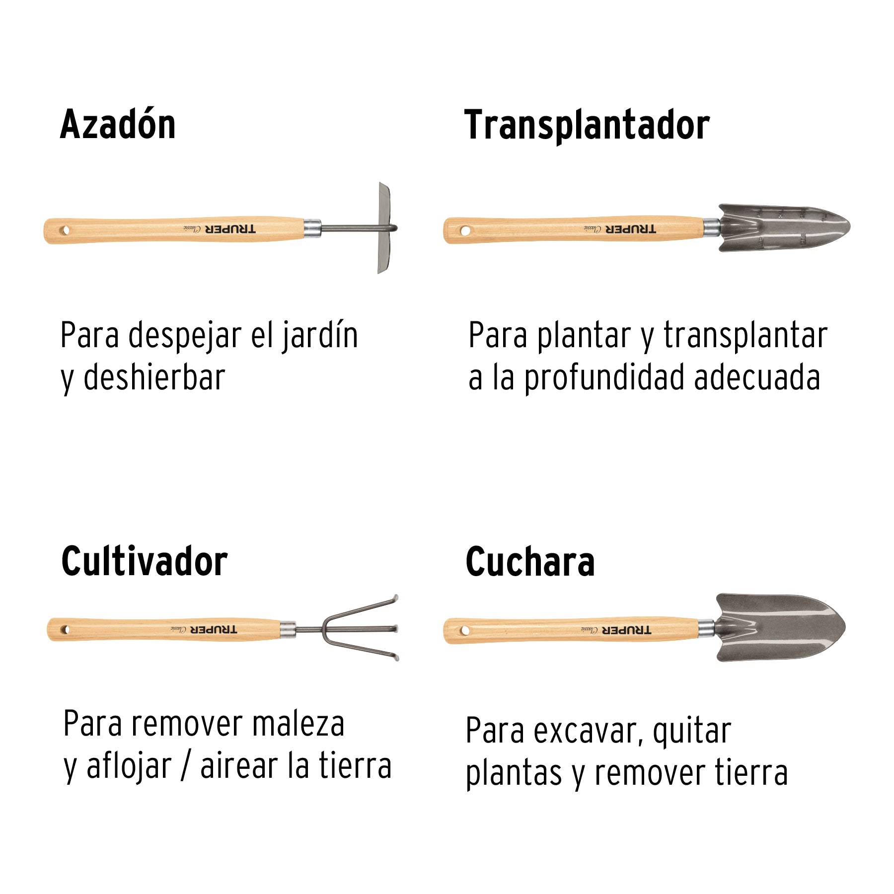 Juego de 4 herramientas para jardín, mango 12-1/4', TRUPER, 15040