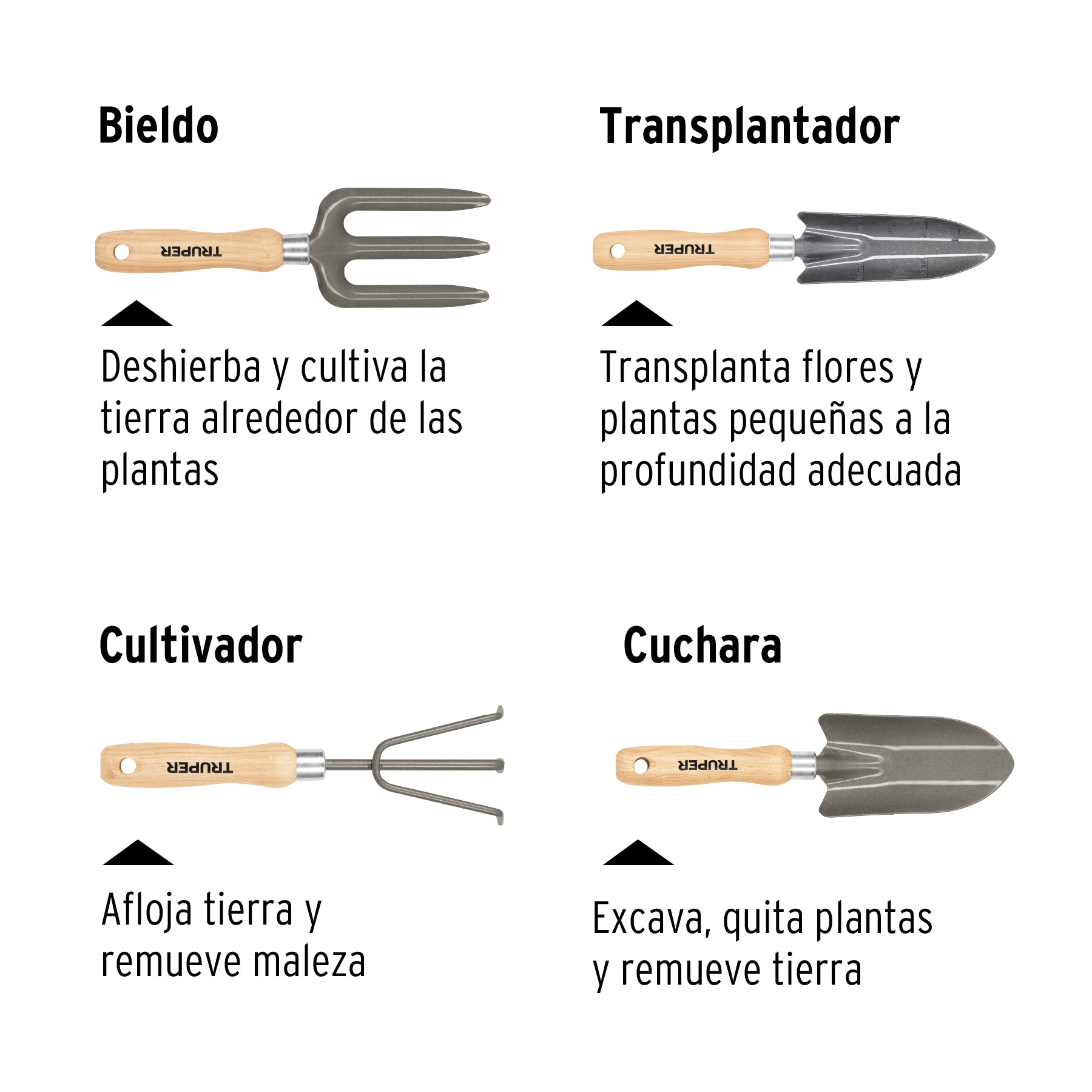 Juego de 4 herramientas, mangos de 6' para jardín, Truper, 15030