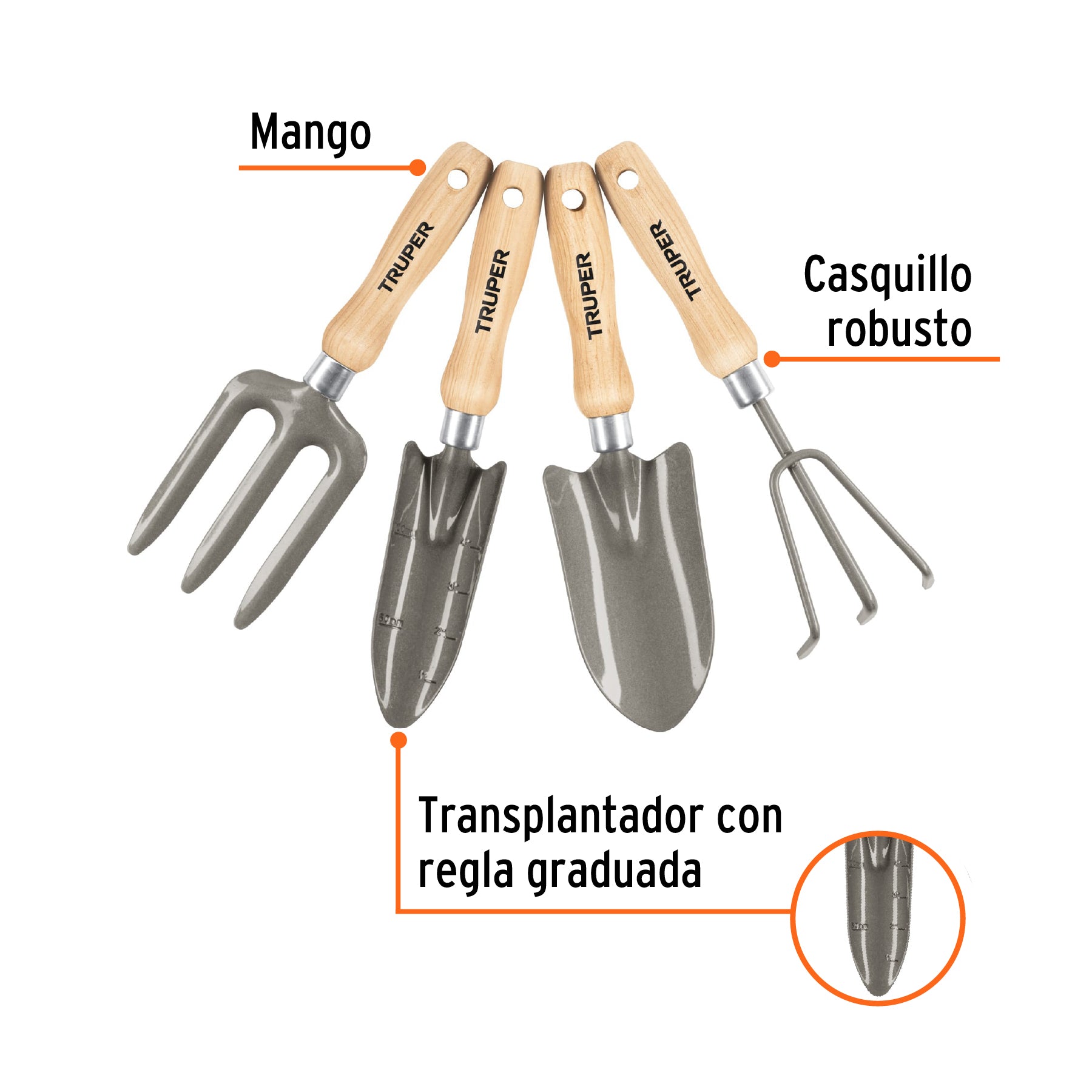 Juego de 4 herramientas, mangos de 6' para jardín, Truper, 15030