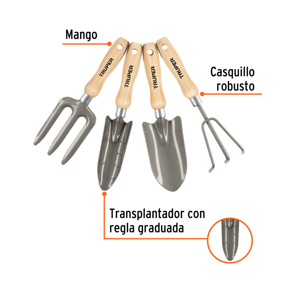 Juego de 4 herramientas, mangos de 6' para jardín, Truper Caja con 6, 15030