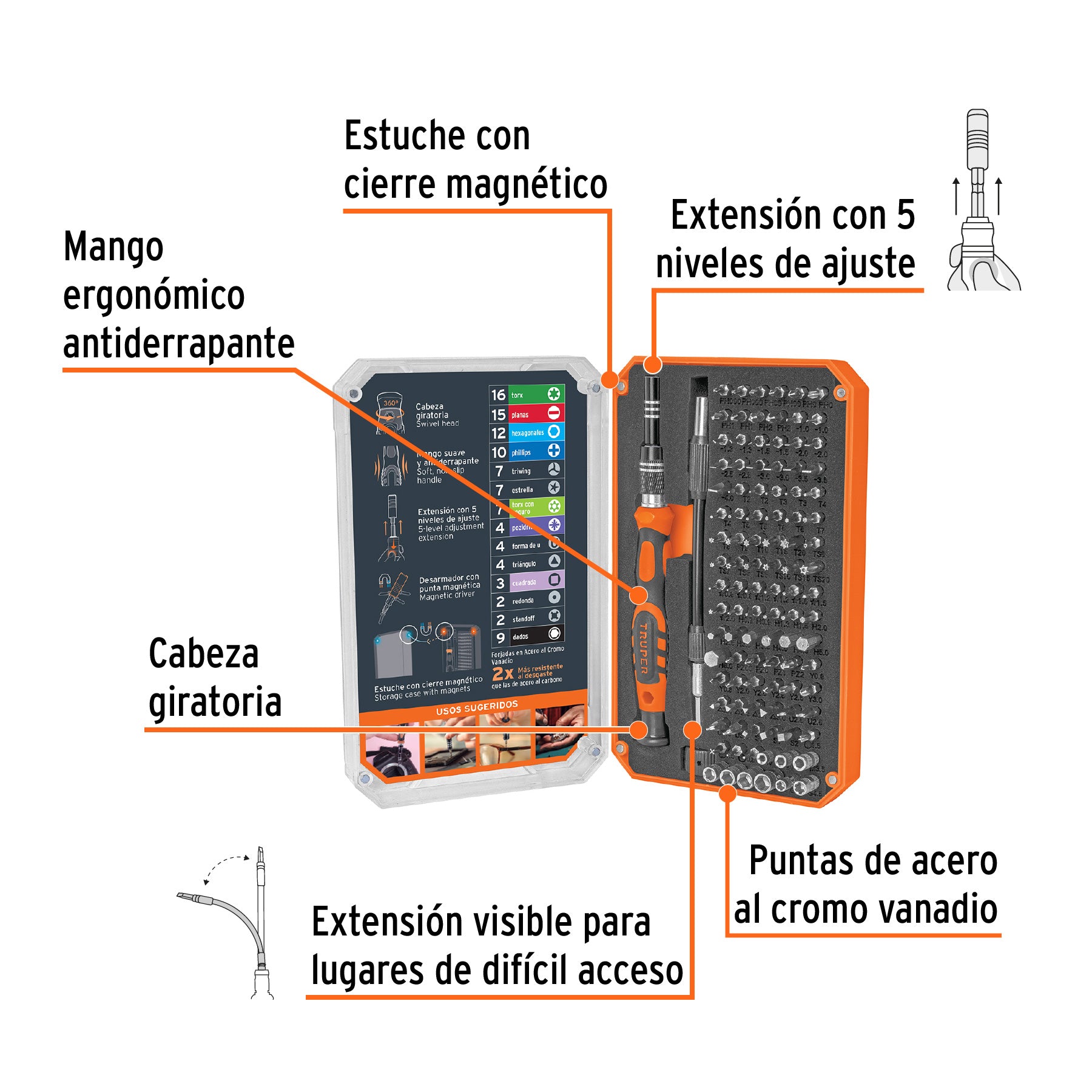 Desarmador de precisión con 106 puntas intercambiables, 102398