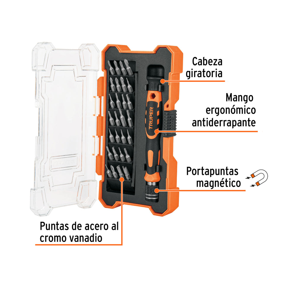 Desarmador de precisión con 28 puntas intercambiables Caja con 4, 14160