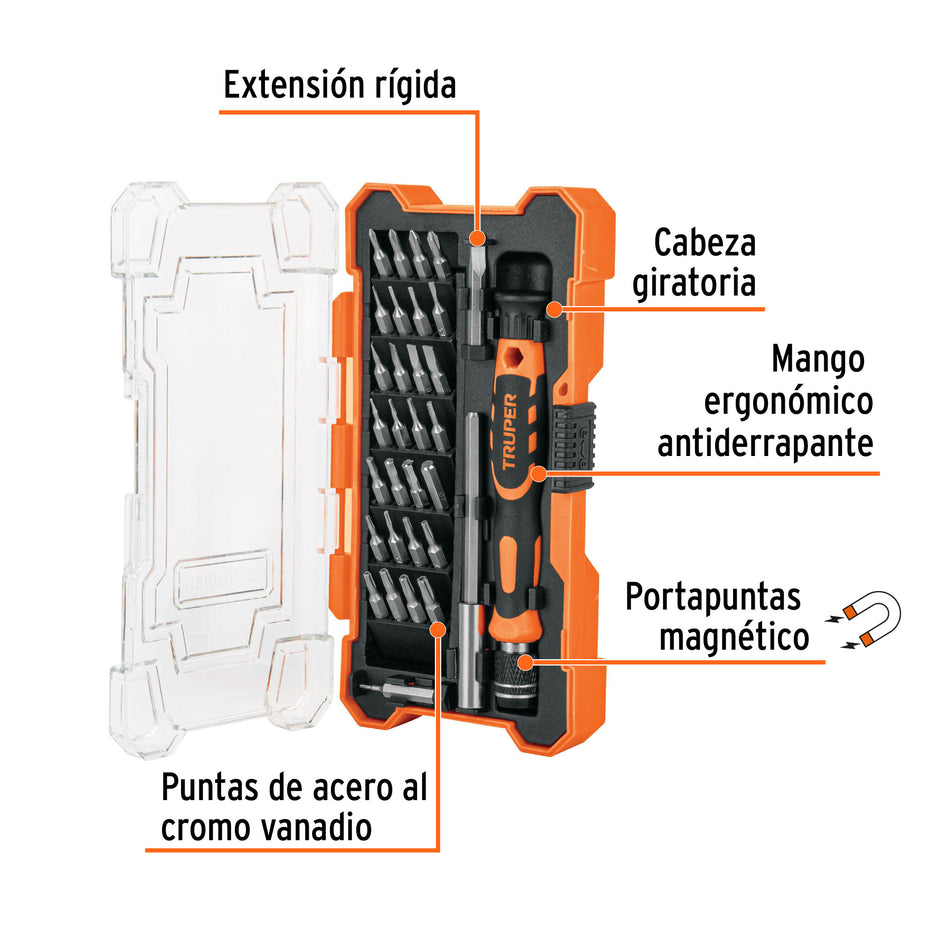 Desarmador de precisión con 30 puntas y extensión, Truper Caja con 3, 14162