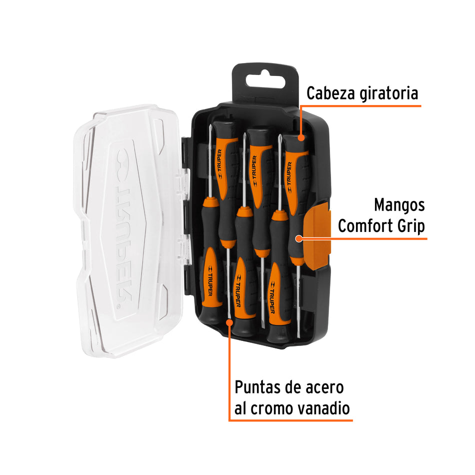 Juego con 6 desarmadores largos de precisión, Truper Caja con 4, 14156