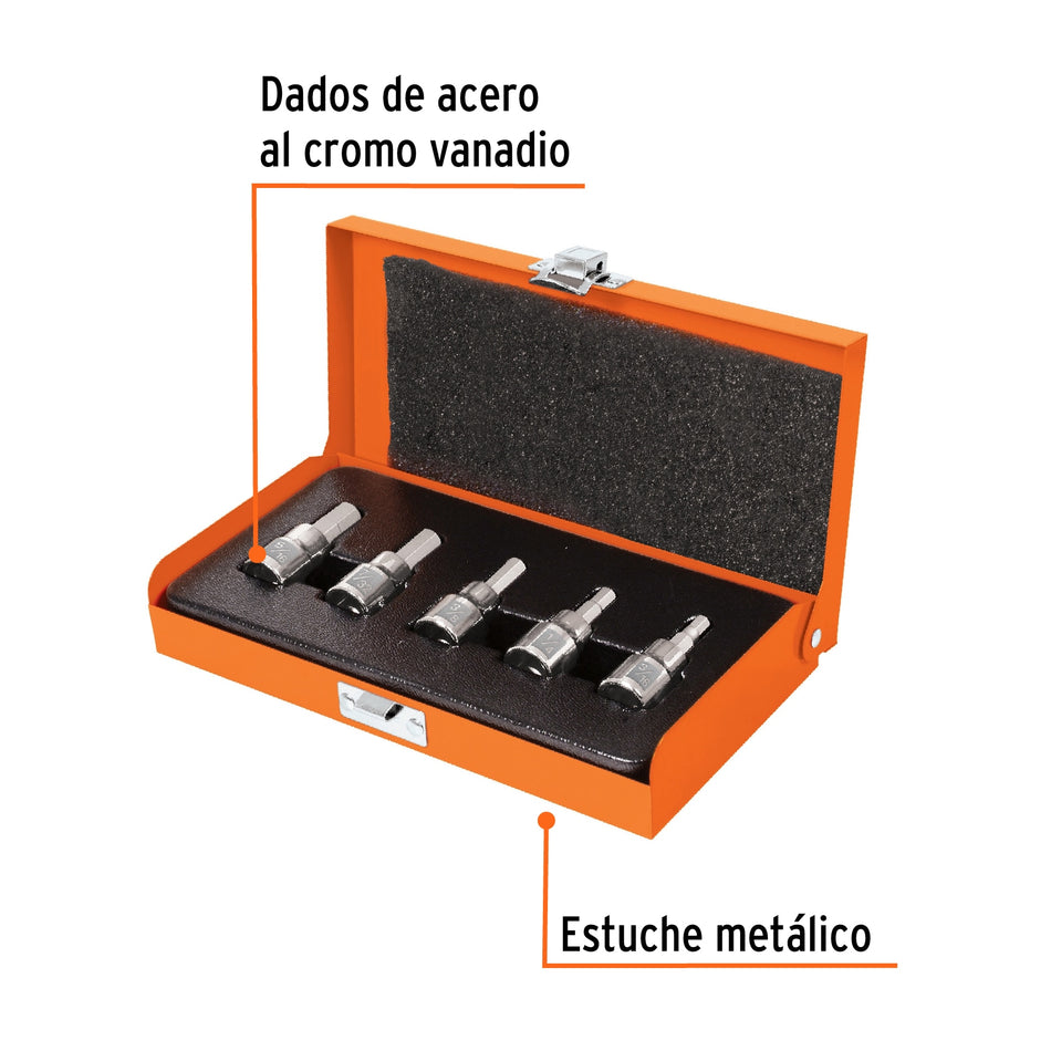 Juego de 5 dados cuadro 3/8' punta hex std, estuche metálico Caja con 3, 13951