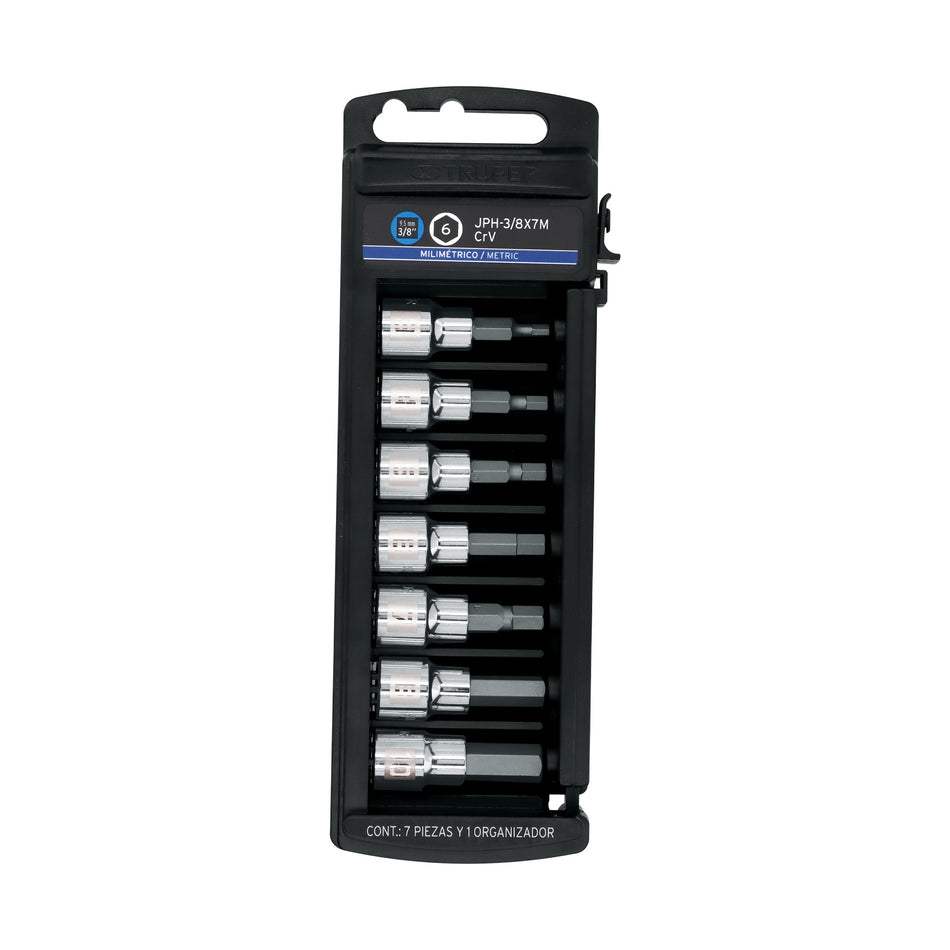 Juego de 7 dados cuadro 3/8' punta hexagonal mm, Truper Caja con 4, 14170
