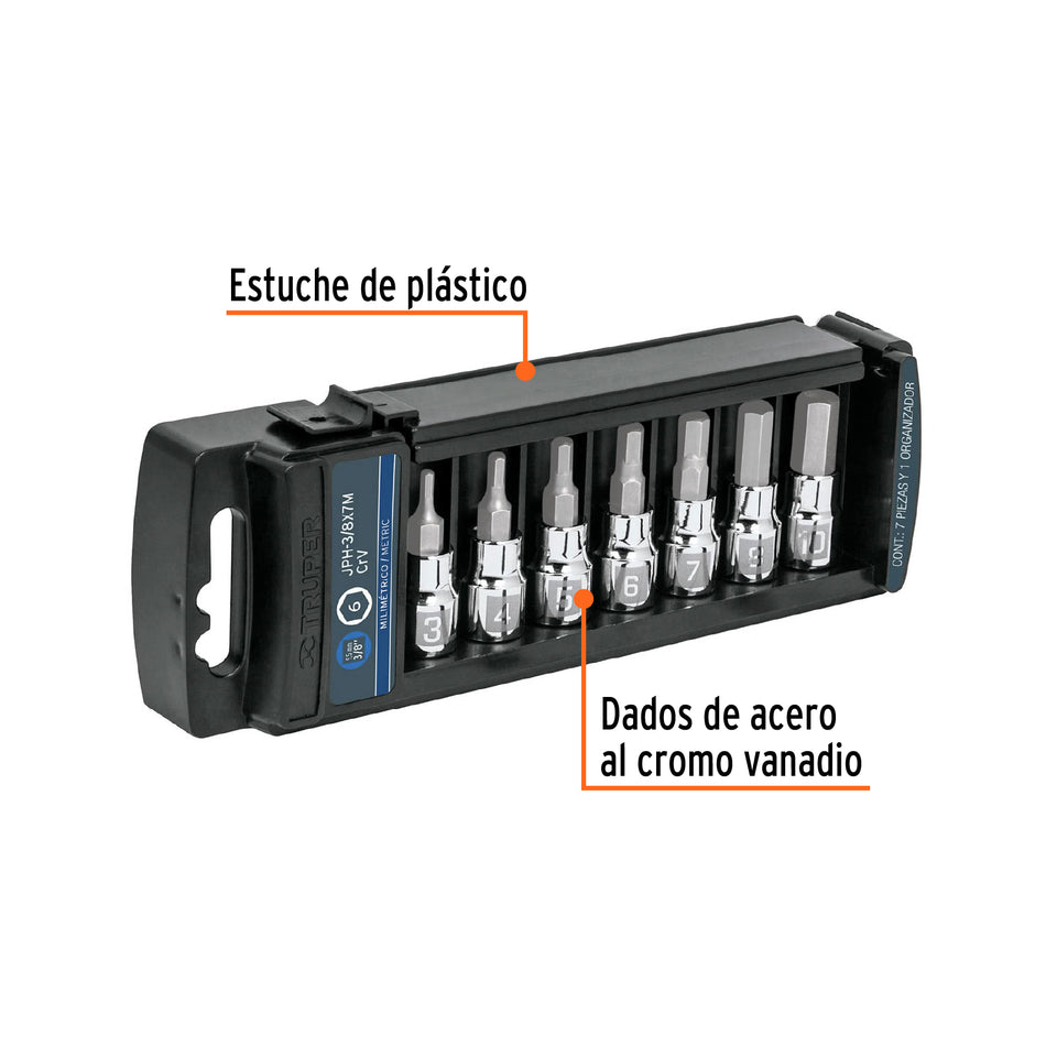 Juego de 7 dados cuadro 3/8' punta hexagonal mm, Truper Caja con 4, 14170