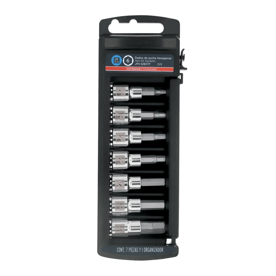 Juego de 7 dados punta hexagonal std, cuadro 3/8', Truper Caja con 4, 14169