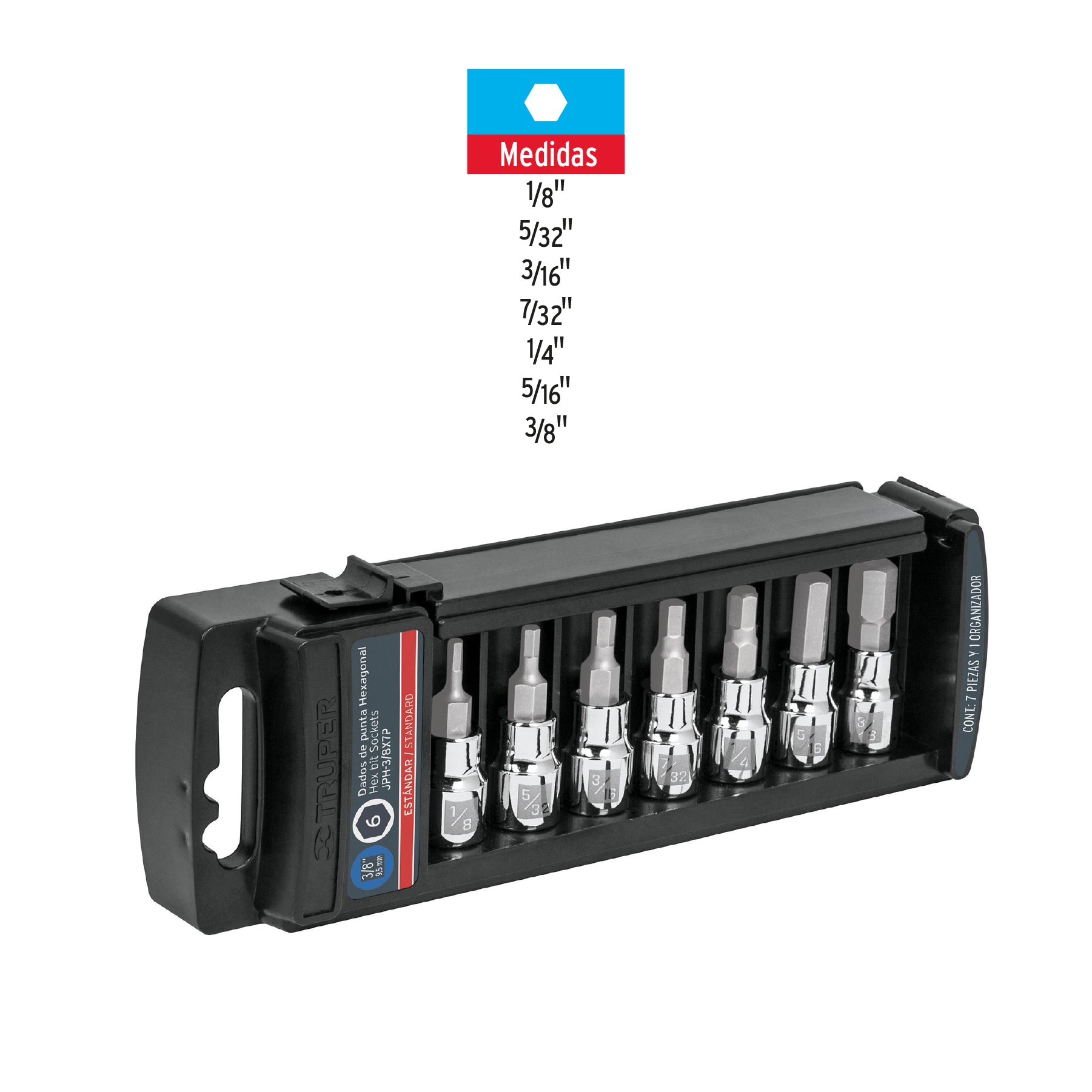 Juego de 7 dados punta hexagonal std, cuadro 3/8', Truper, 14169