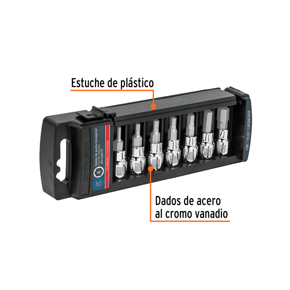 Juego de 7 dados punta hexagonal std, cuadro 3/8', Truper Caja con 4, 14169