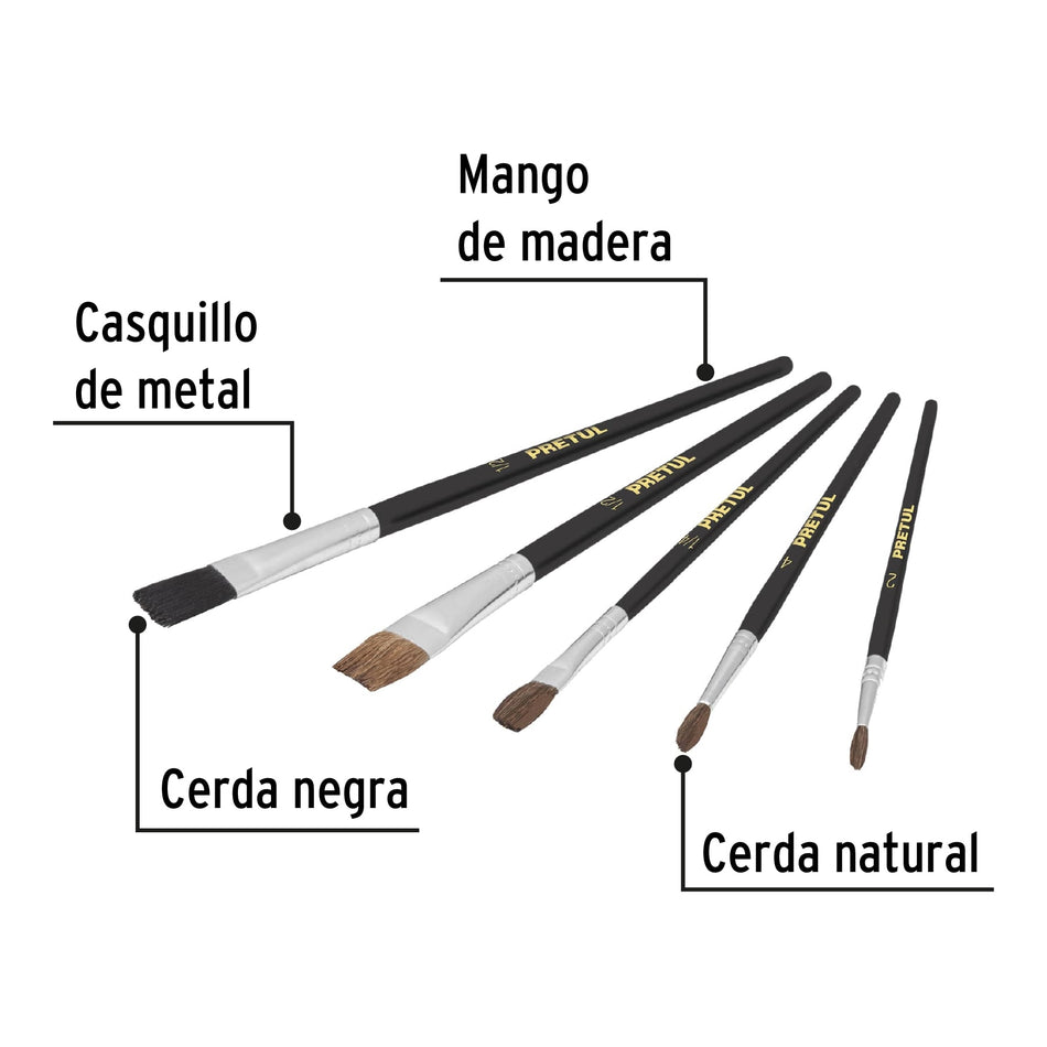 Juego de pinceles en blíster con 5 piezas, PRETUL Caja con 6, 24740