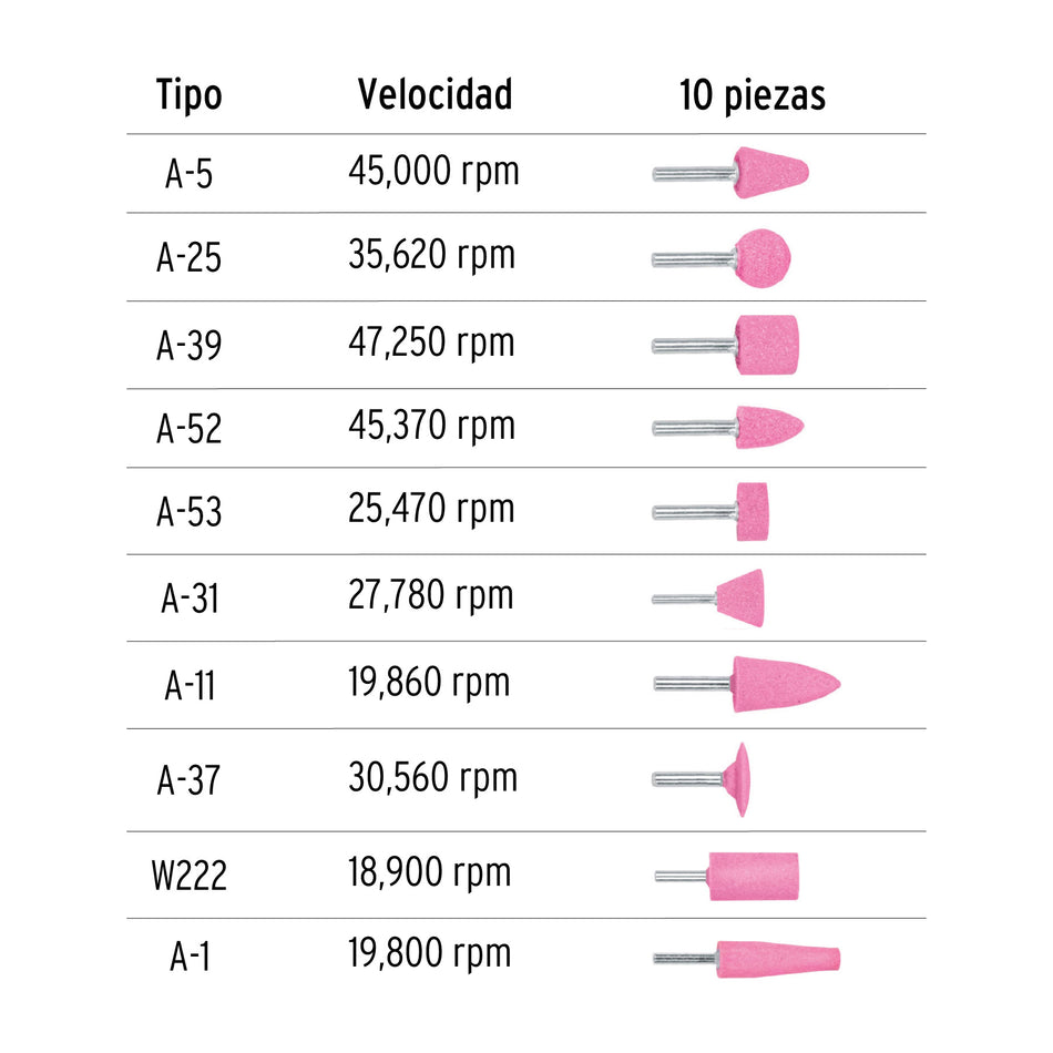 Juego de 10 piedras montadas zanco 1/4', uso general, Truper Caja con 6, 12445