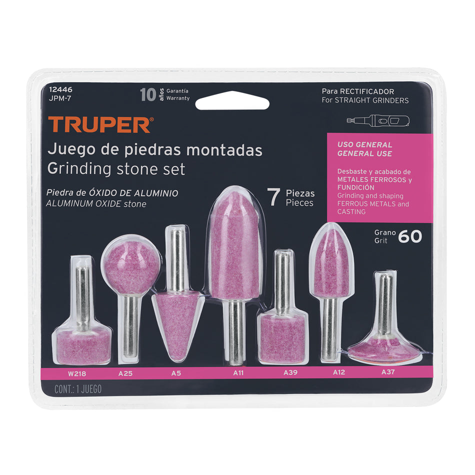 Juego de 7 piedras montadas zanco 1/4', uso general, Truper Caja con 6, 12446