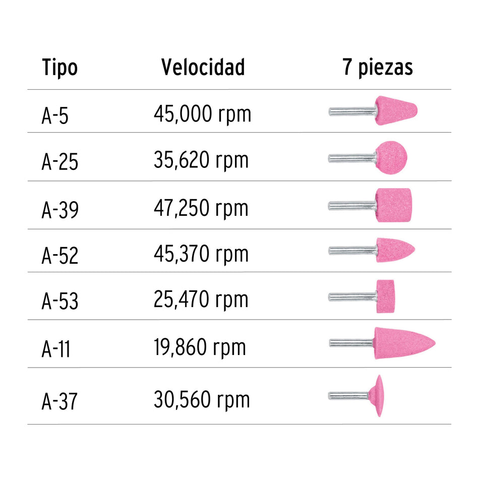 Juego de 7 piedras montadas zanco 1/4', uso general, Truper Caja con 6, 12446