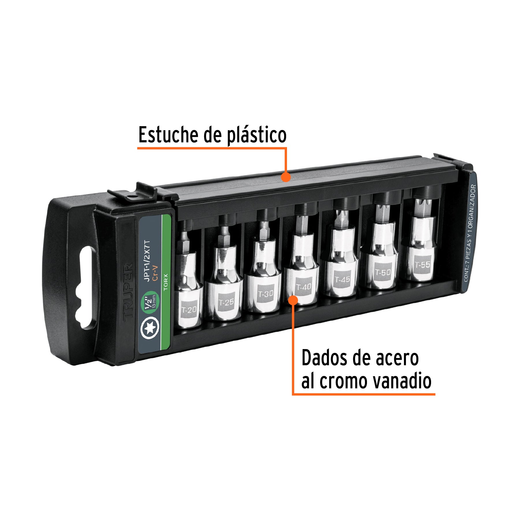 Juego de 7 dados cuadro 1/2' punta torx, Truper, 102237