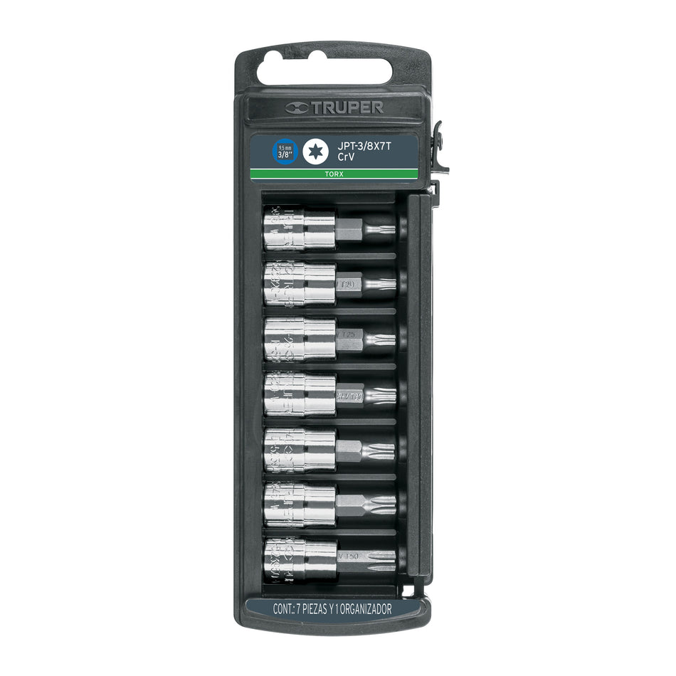 Juego de 7 dados cuadro 3/8' punta torx, Truper Caja con 4, 14171
