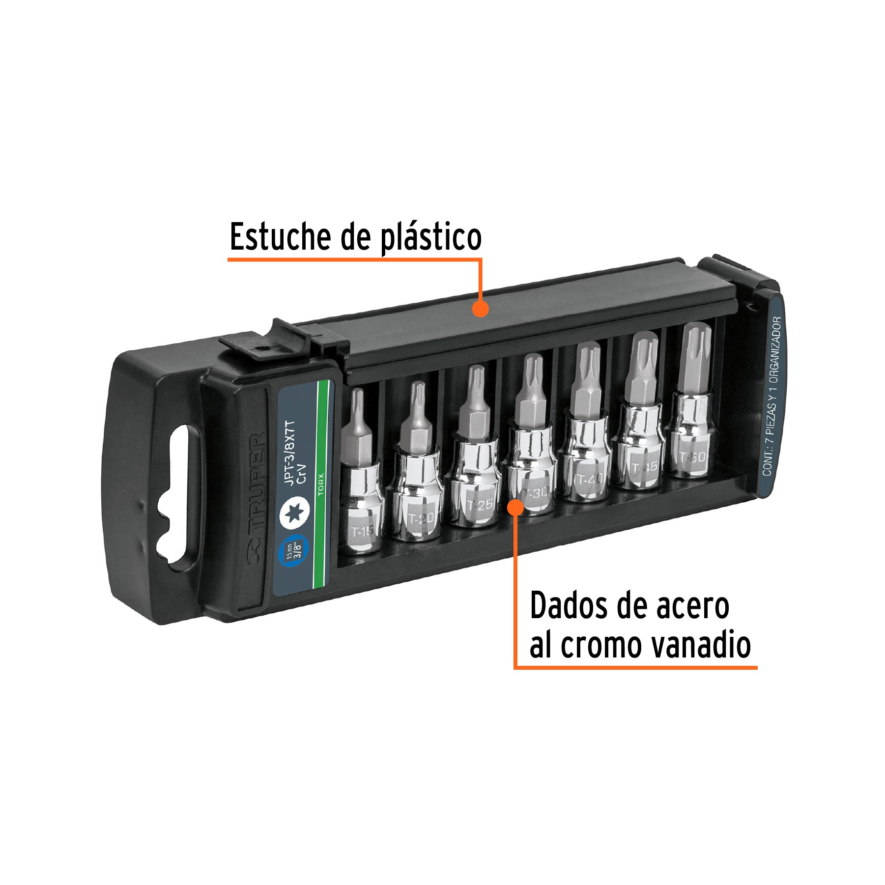 Juego de 7 dados cuadro 3/8' punta torx, Truper, 14171