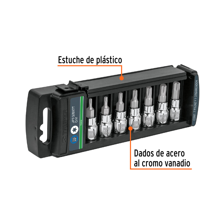 Juego de 7 dados cuadro 3/8' punta torx, Truper Caja con 4, 14171