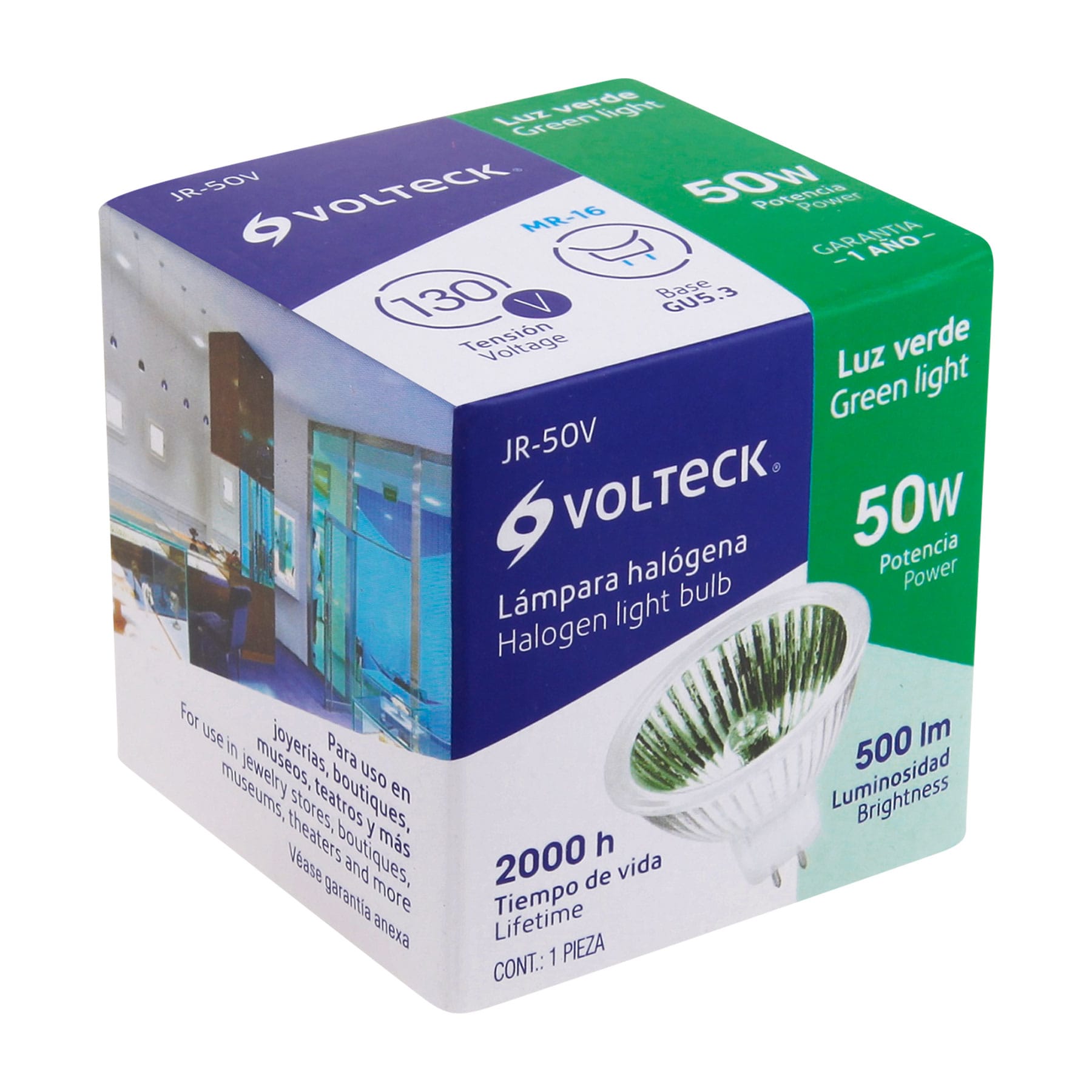 Lámpara de halógeno verde 50 W tipo MR16 en caja, Volteck, 47257