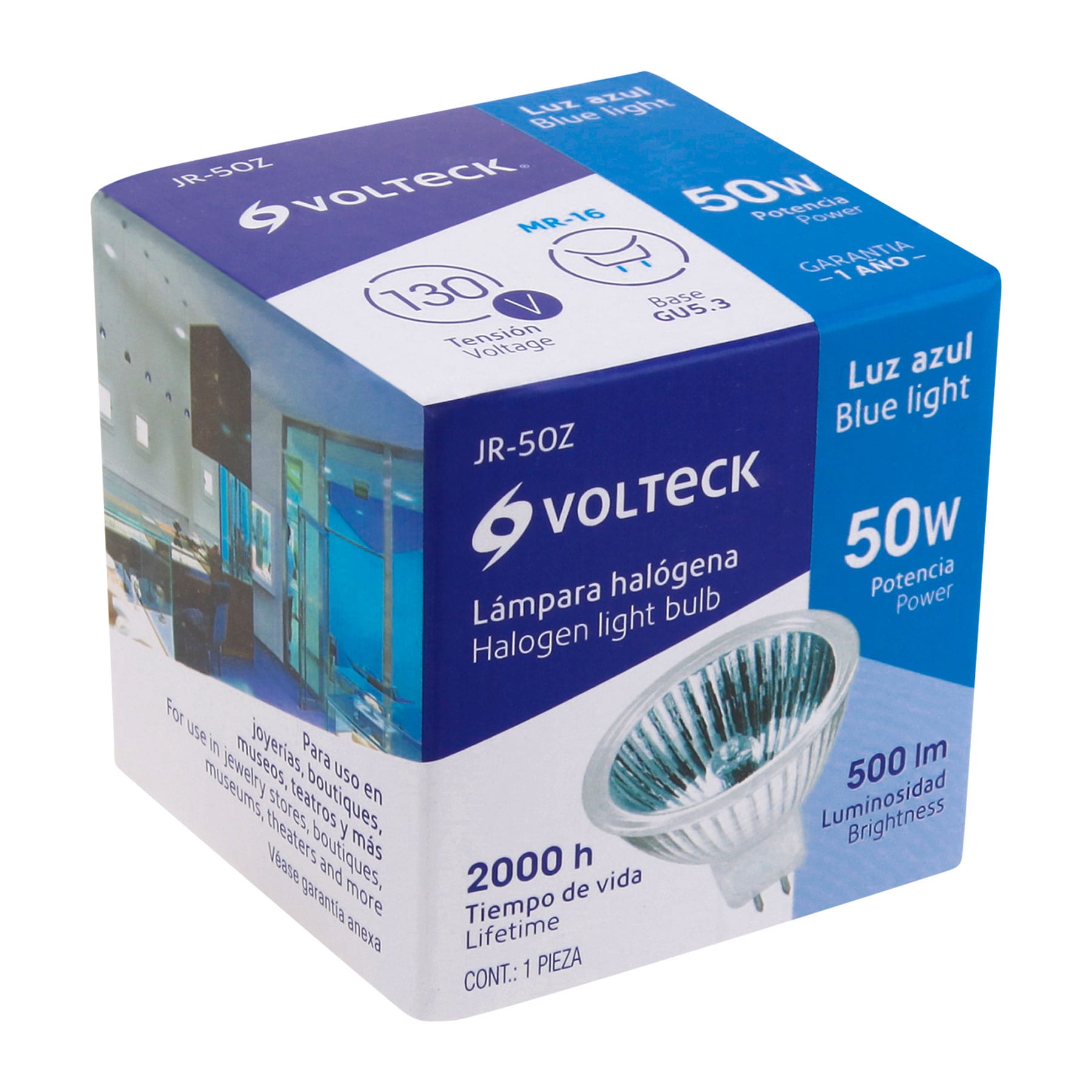 Lámpara de halógeno azul 50 W tipo MR16 en caja, Volteck, 47249