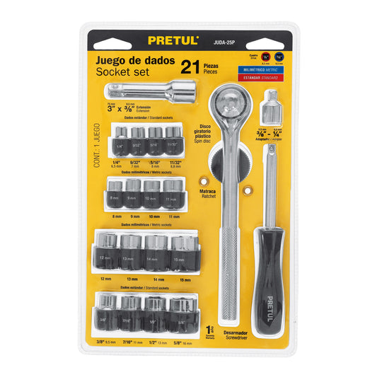 Juego de 21 herramientas 1/4' y 3/8' para mecánico, Pretul Caja con 4, 21162