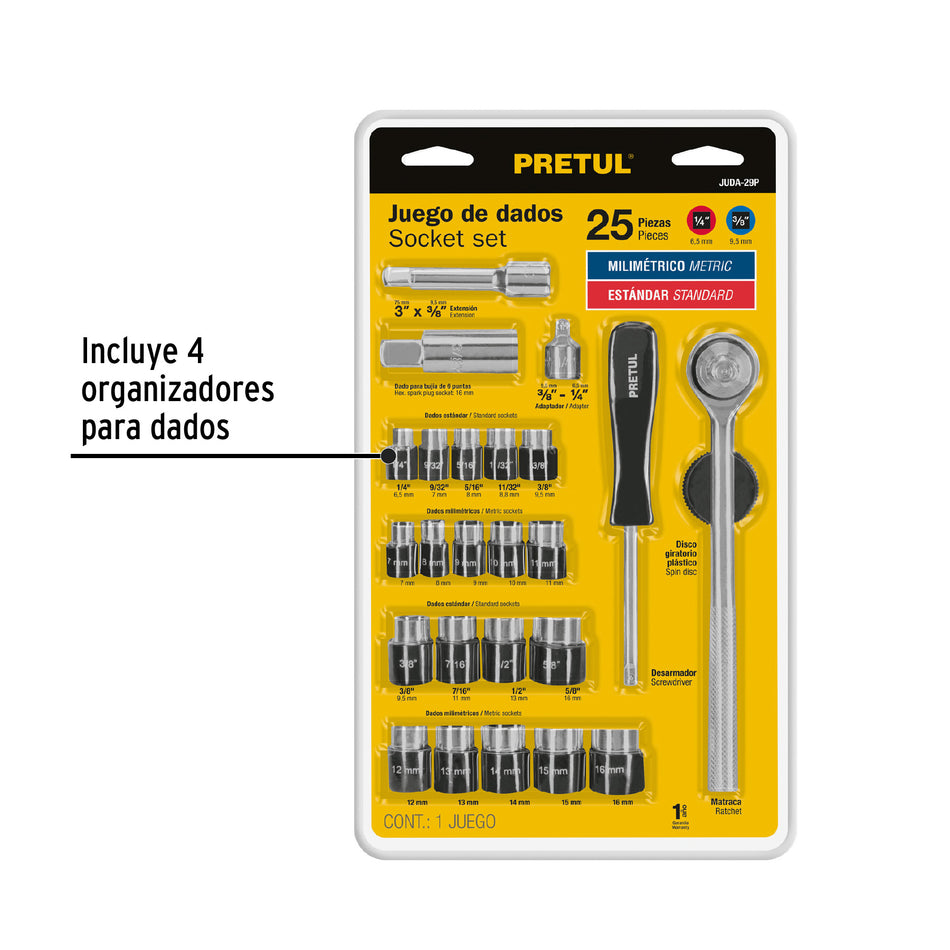 Juego de 25 herramientas 1/4' y 3/8' para mecánico, Pretul Caja con 4, 23974