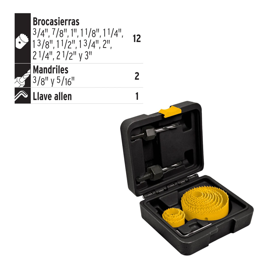 Juego de 12 brocasierras, 2 mandriles y llave allen, Pretul Caja con 3, 26037