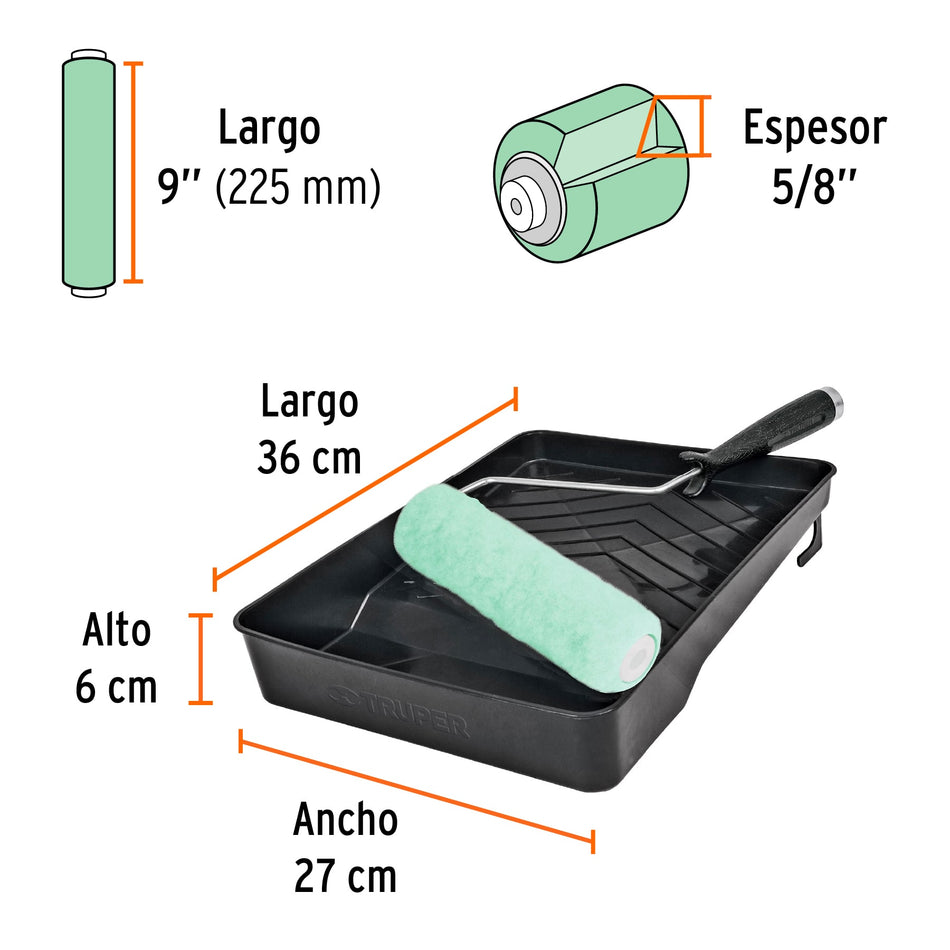 Kit de rodillo para pintar, 9' (maneral, charola y felpa) Caja con 6, 13843