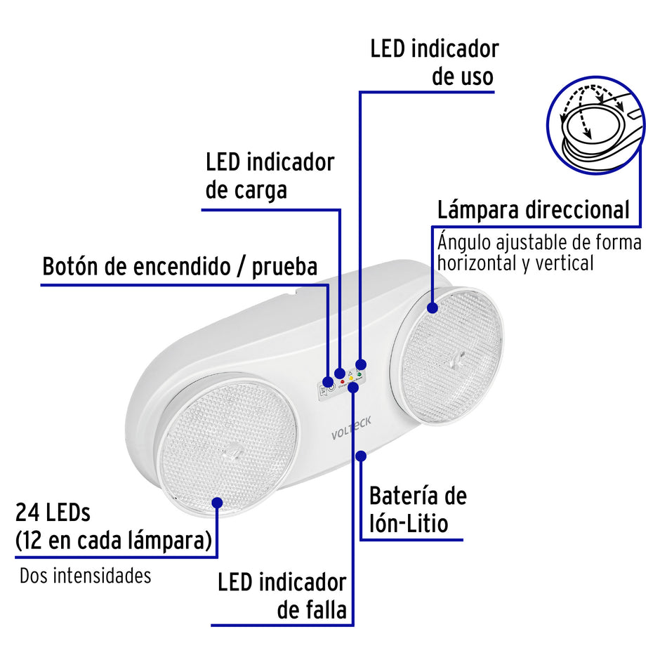 Lámpara de emergencia de 24 Leds 170 lm dirigible recargable Caja con 2, 46992