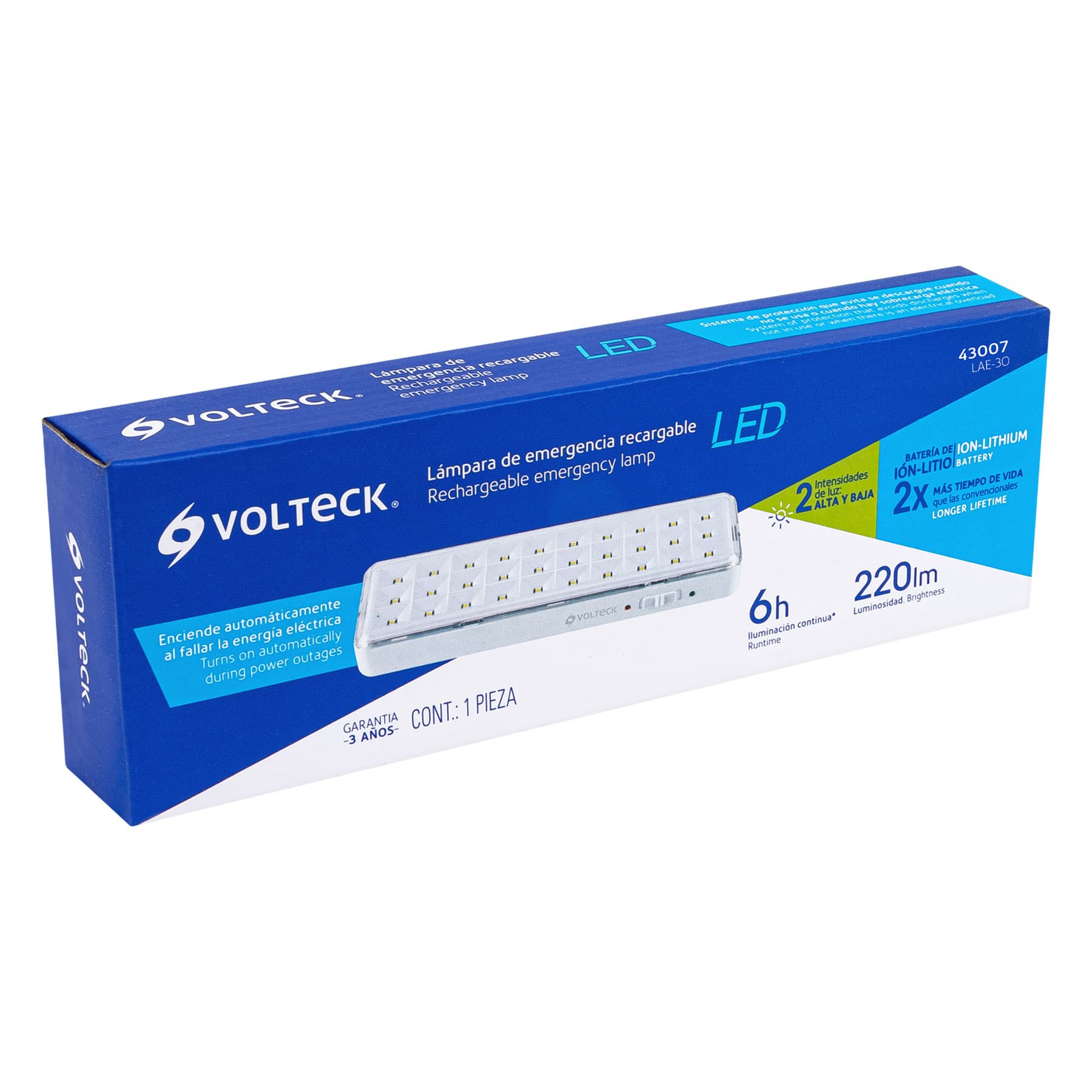 Lámpara de emergencia de 30 Leds, 220 lm recargable, Volteck, 43007