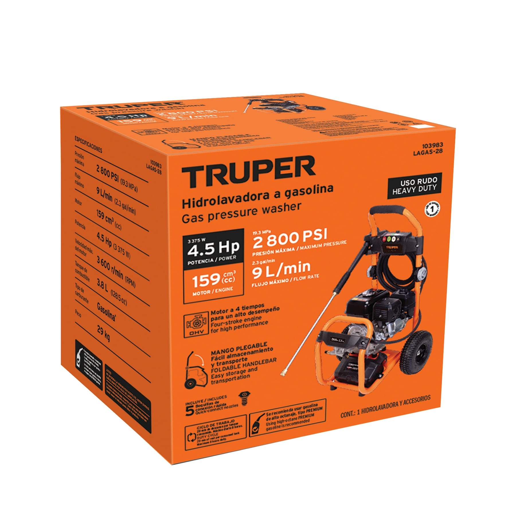 [PREVENTA AGOSTO] Hidrolavadora con motor a gasolina, 2,800 PSI, TRUPER, 103983