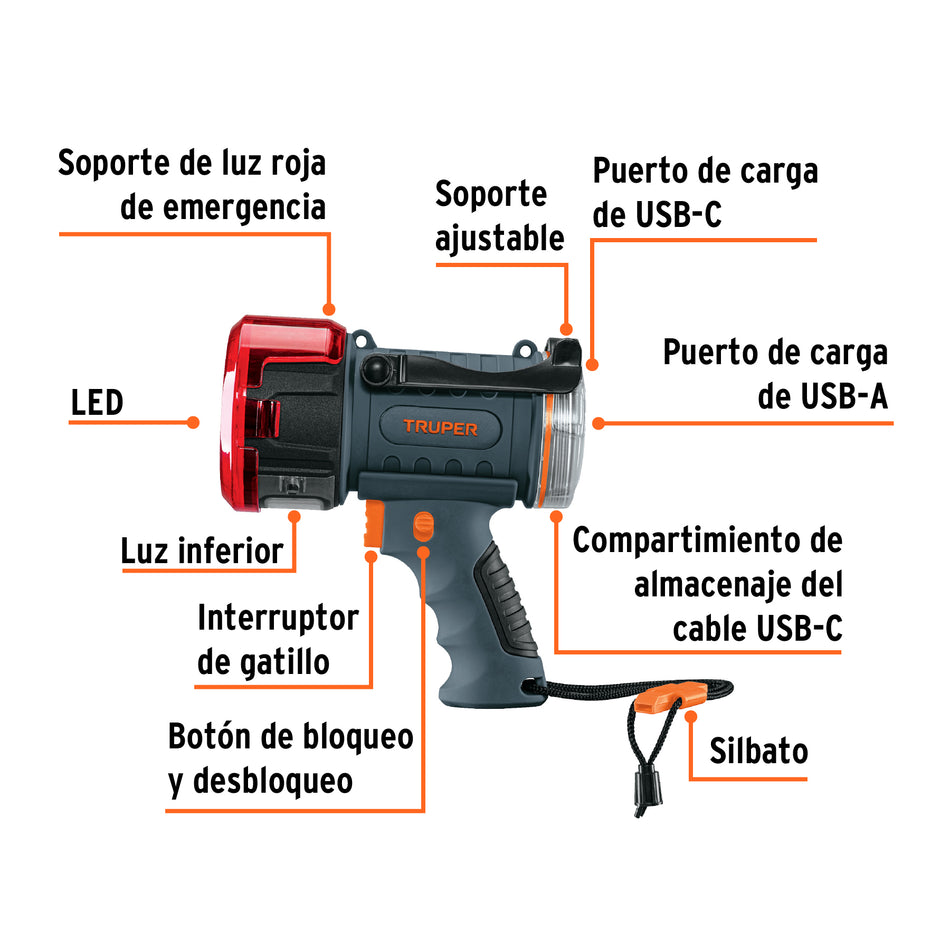 Linterna reflectora LED 2000 lm, recargable, TRUPER, 102418