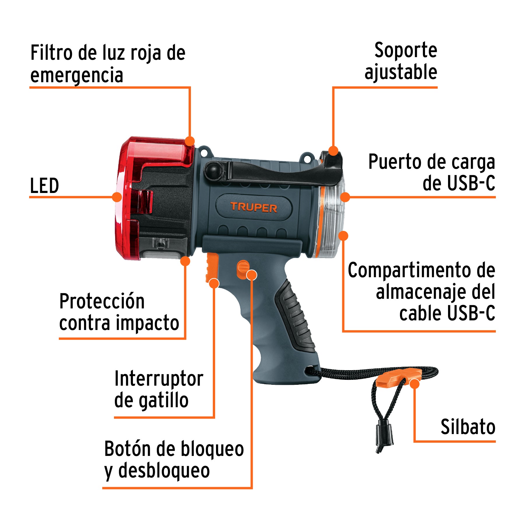 Linterna reflectora LED 900 lm, recargable, TRUPER, 102404