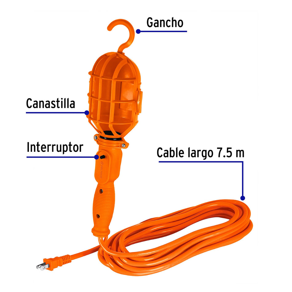 Lámpara de taller con canastilla plástica, 7.5 m, Volteck Caja con 3, 47258