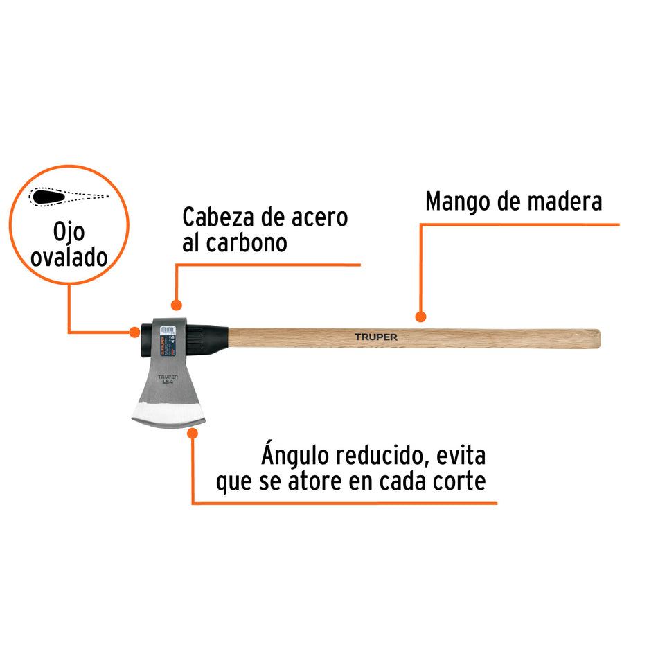 Hacha labor entera 4 lb, mango de madera 36', TRUPER Caja con 2, 102981